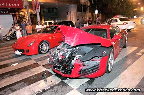 Double Exotic Crash: Audi R8 Crashes Into Ferrari 599 GTB