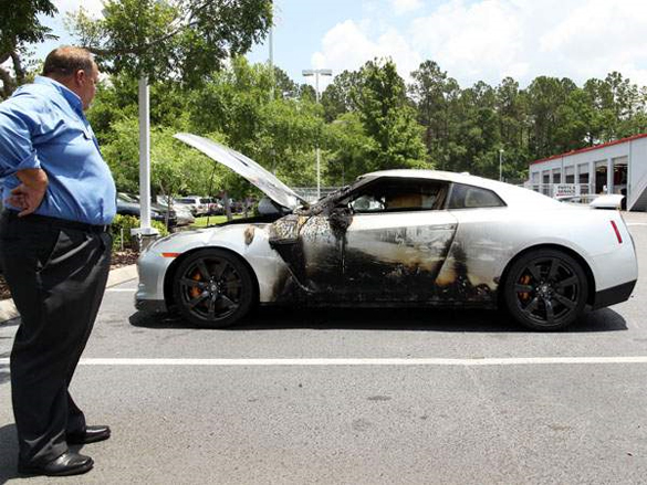 Nissan GT-R Engulfed In Flames While Locked Inside Nissan Showroom